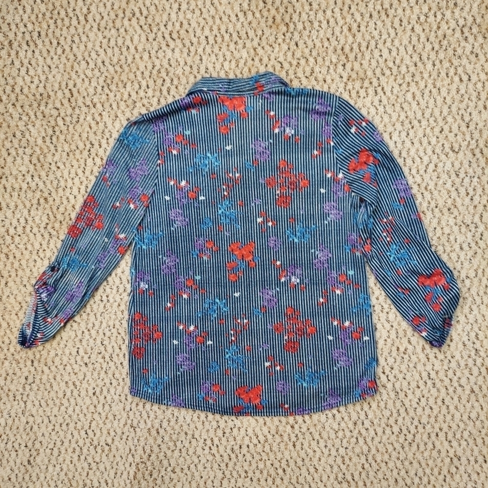 French Laundry Womens Size M Blue Floral Striped Button Front Blouse Long Sleeve - Picture 14 of 14